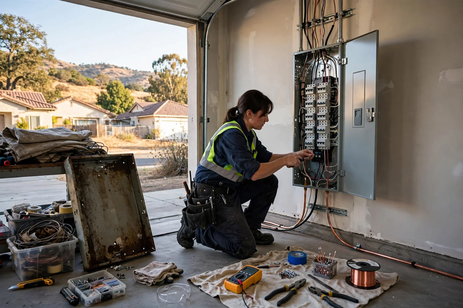 Upgraded 200-amp electrical panel with labeled breakers in a Dublin garage