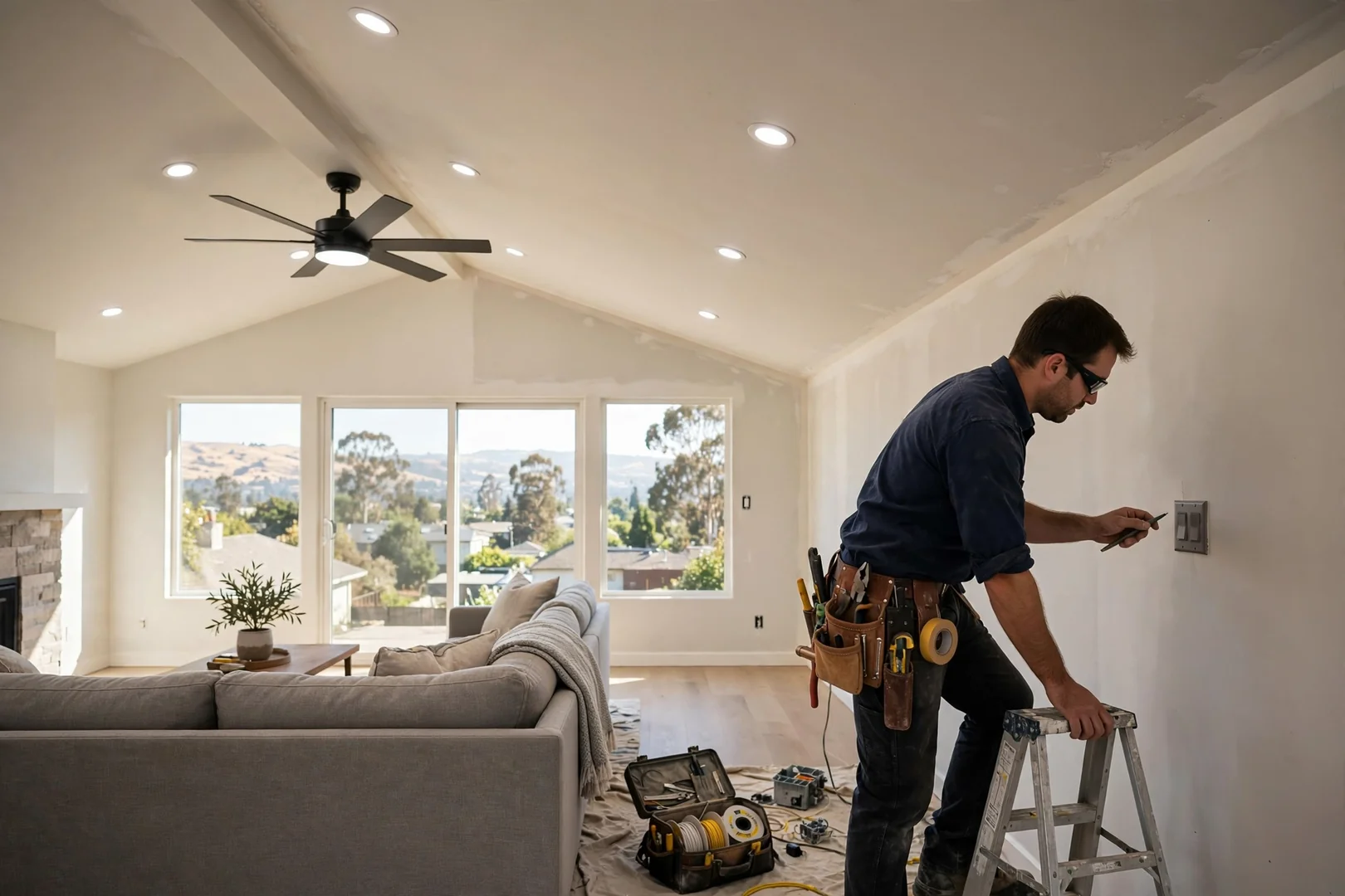 Recessed LED lighting and ceiling fan finished in a bright remodeled living room